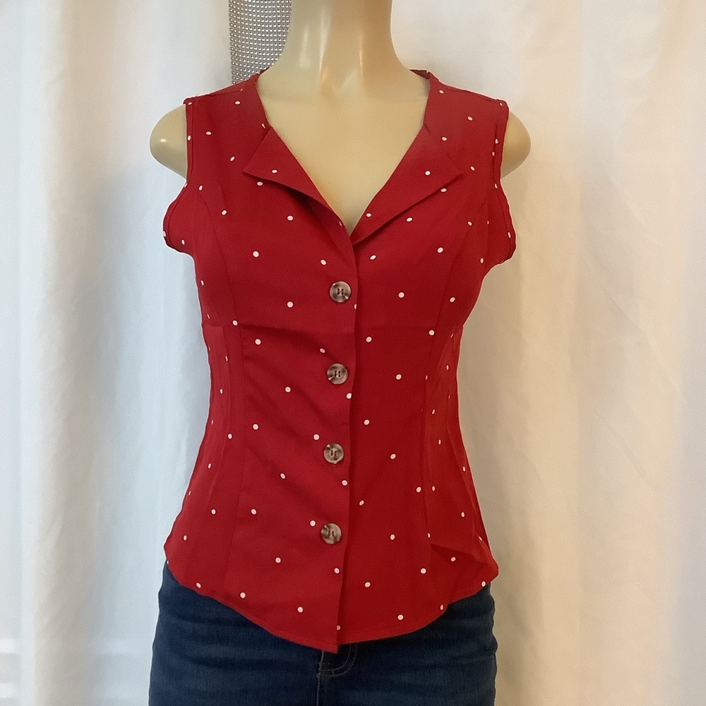 Small Red/White Polka Dot. Button Down Blouse. #Shein